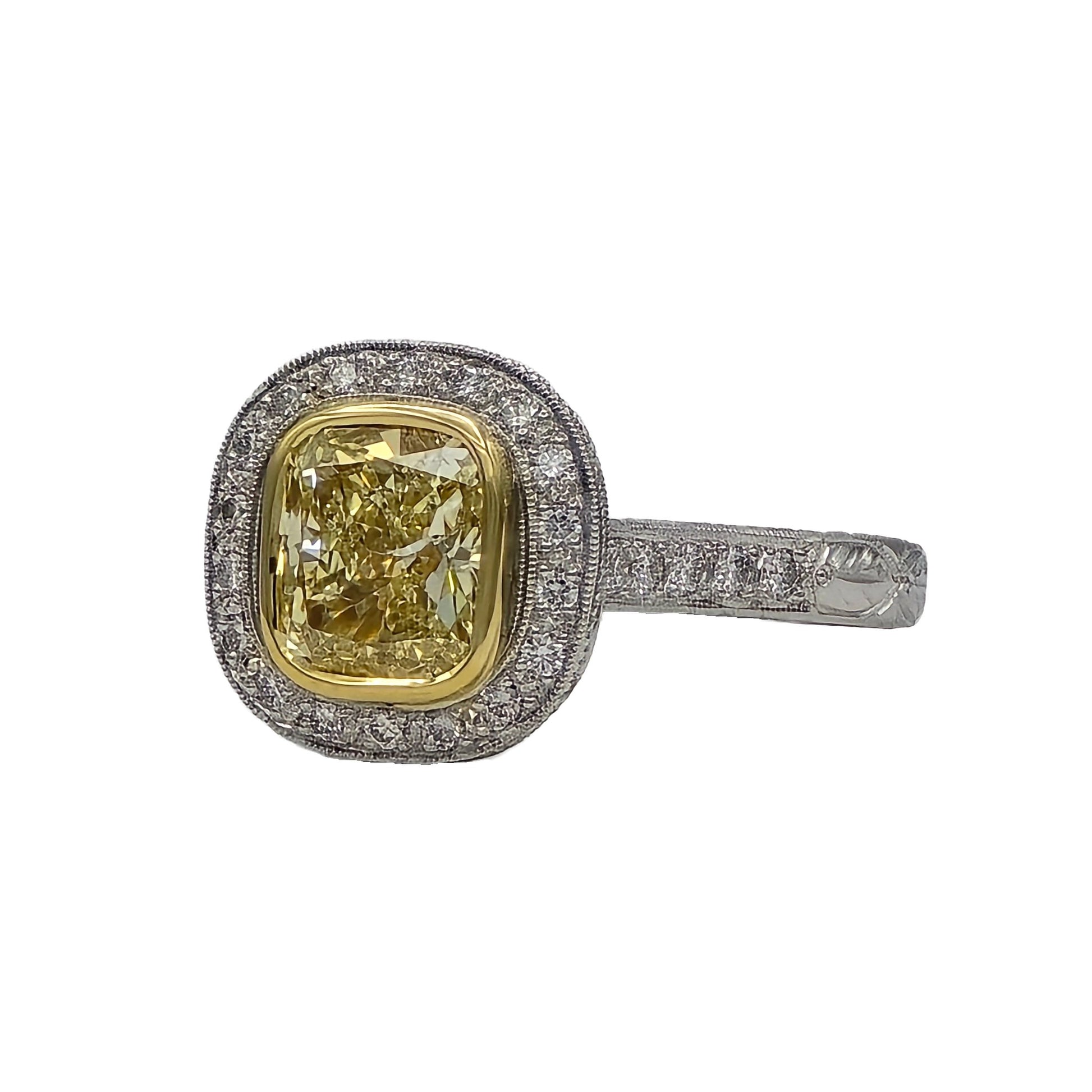 Cushion cut yellow diamond ring with GIA report