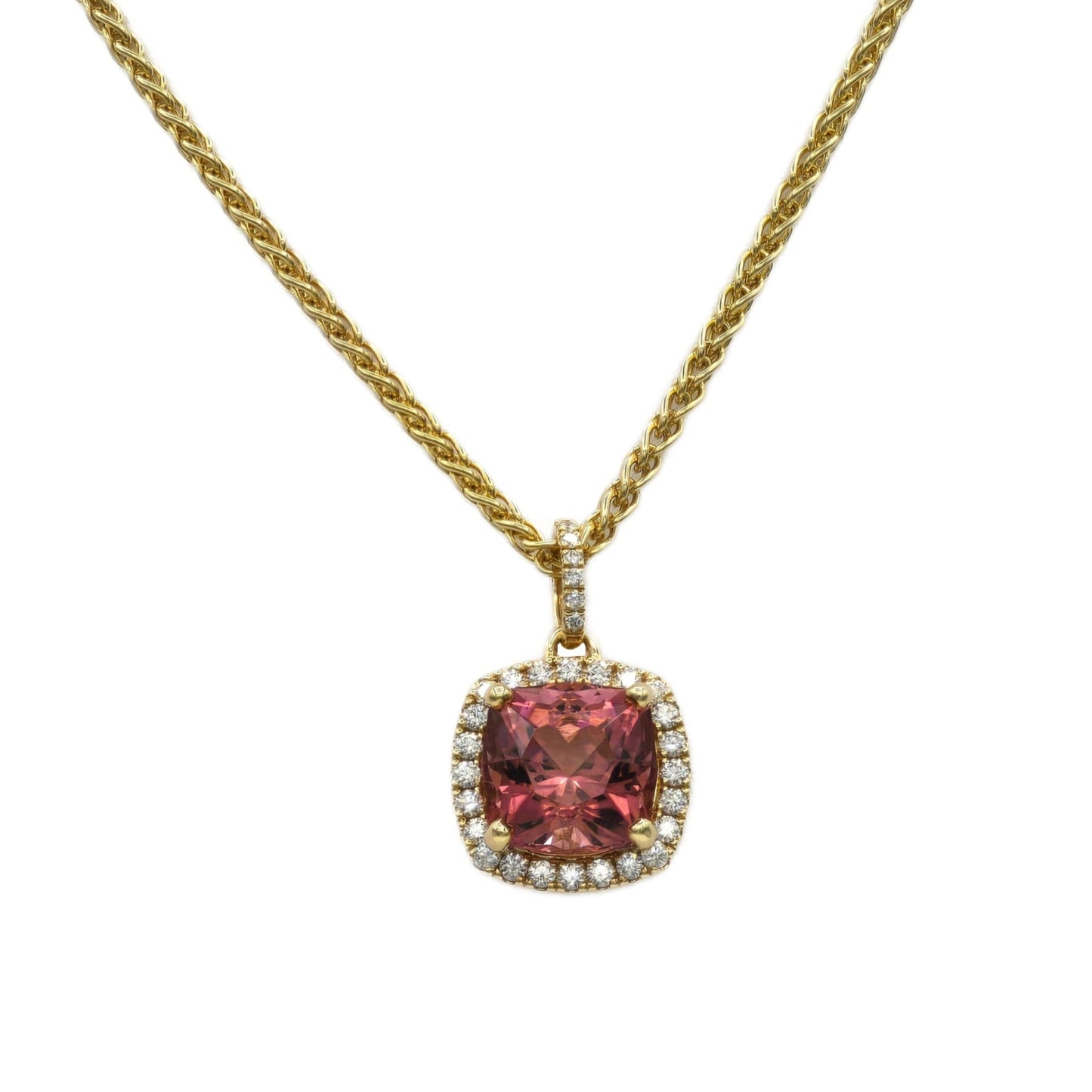 Cushion Pink Tourmaline and Diamond Pendant in 18K Yellow Gold