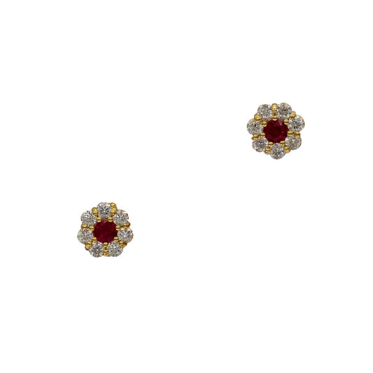 Ruby and diamond halo earrings in 18K yellow gold