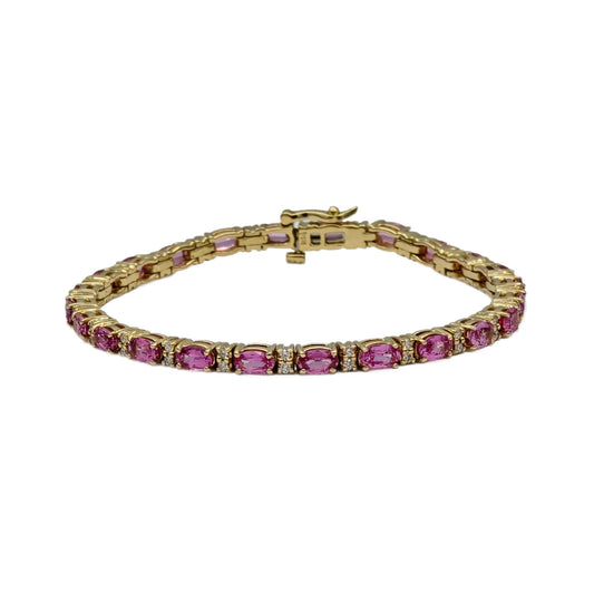 7.25 Carat oval pink sapphire and diamond bracelet in 14K yellow gold