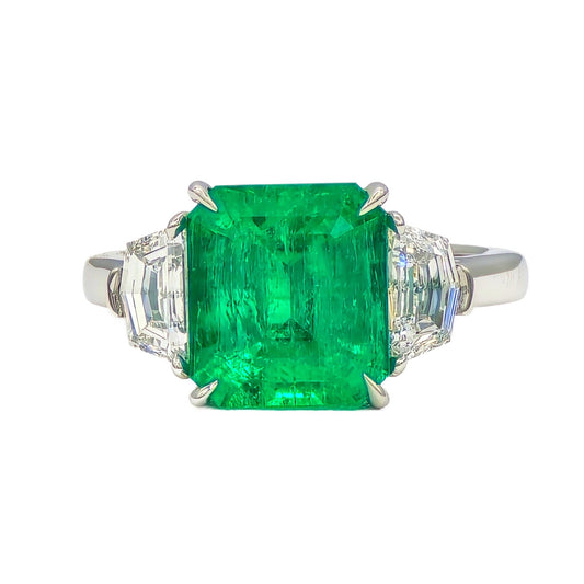 3.56 Carat Emerald and Diamond Ring Handmade in Platinum