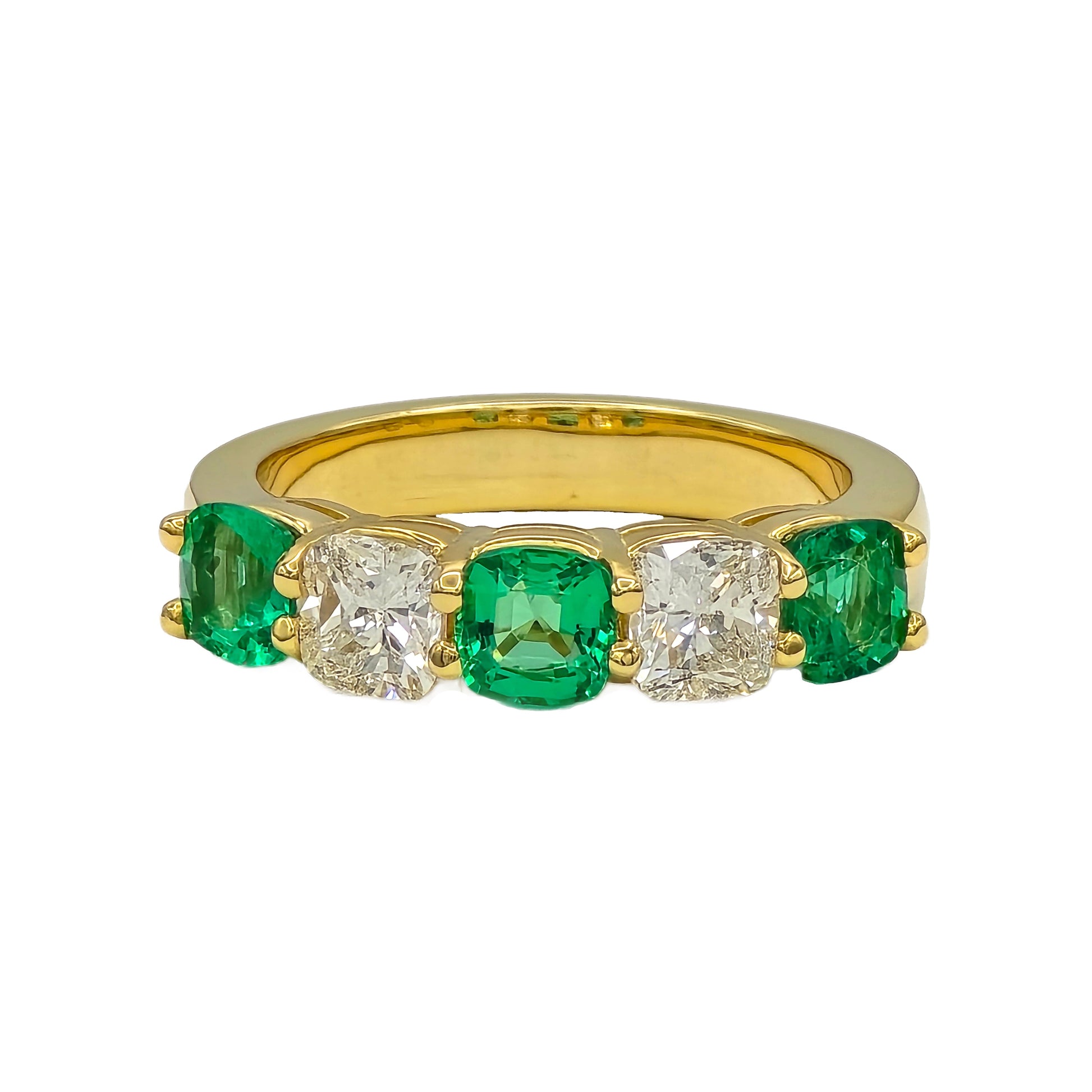 Cushion Cut Emerald and Diamond Band in 18K Yellow Gold