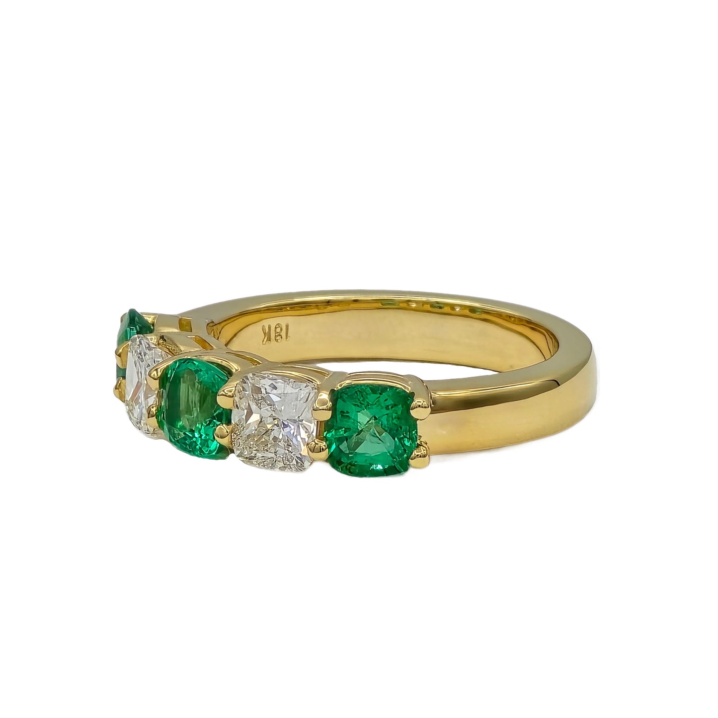 Cushion Cut Emerald and Diamond Band in 18K Yellow Gold