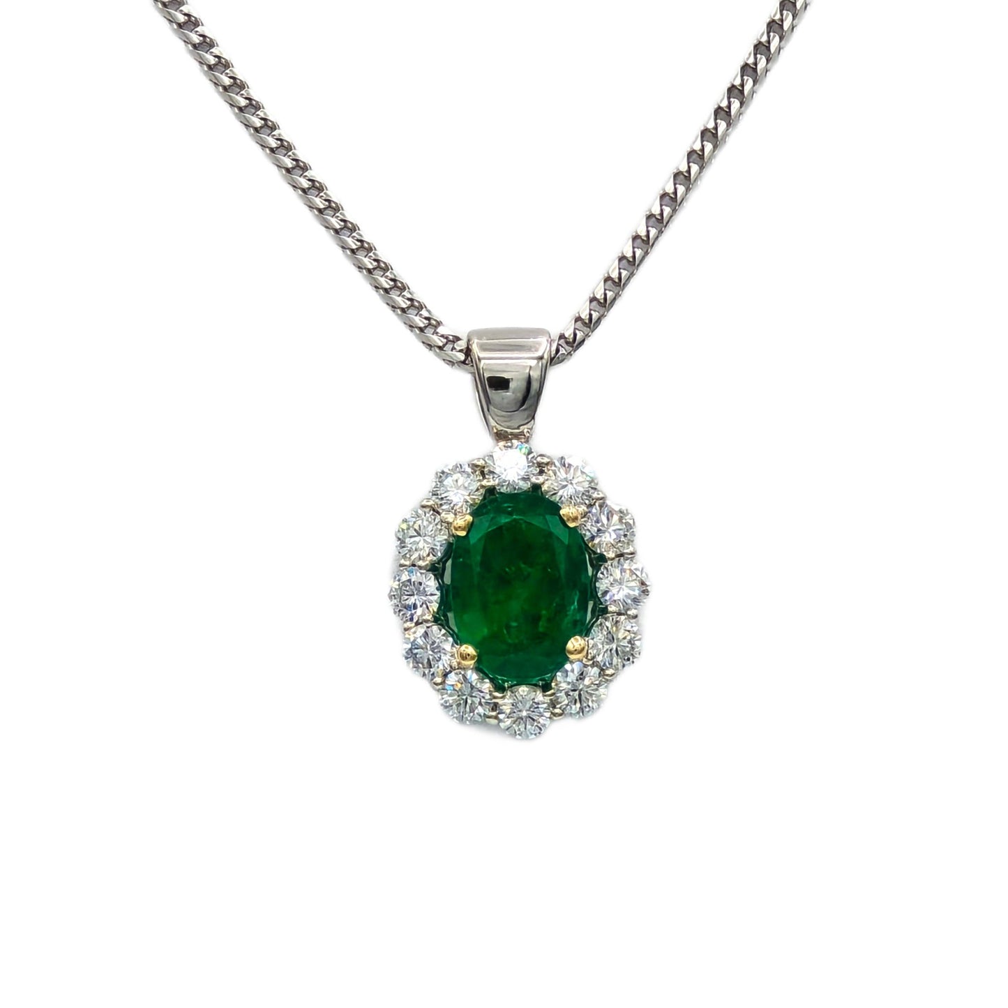 2.19 Carat Oval Emerald and 1.22 Ctw Round Diamond Pendant in 14K White Gold